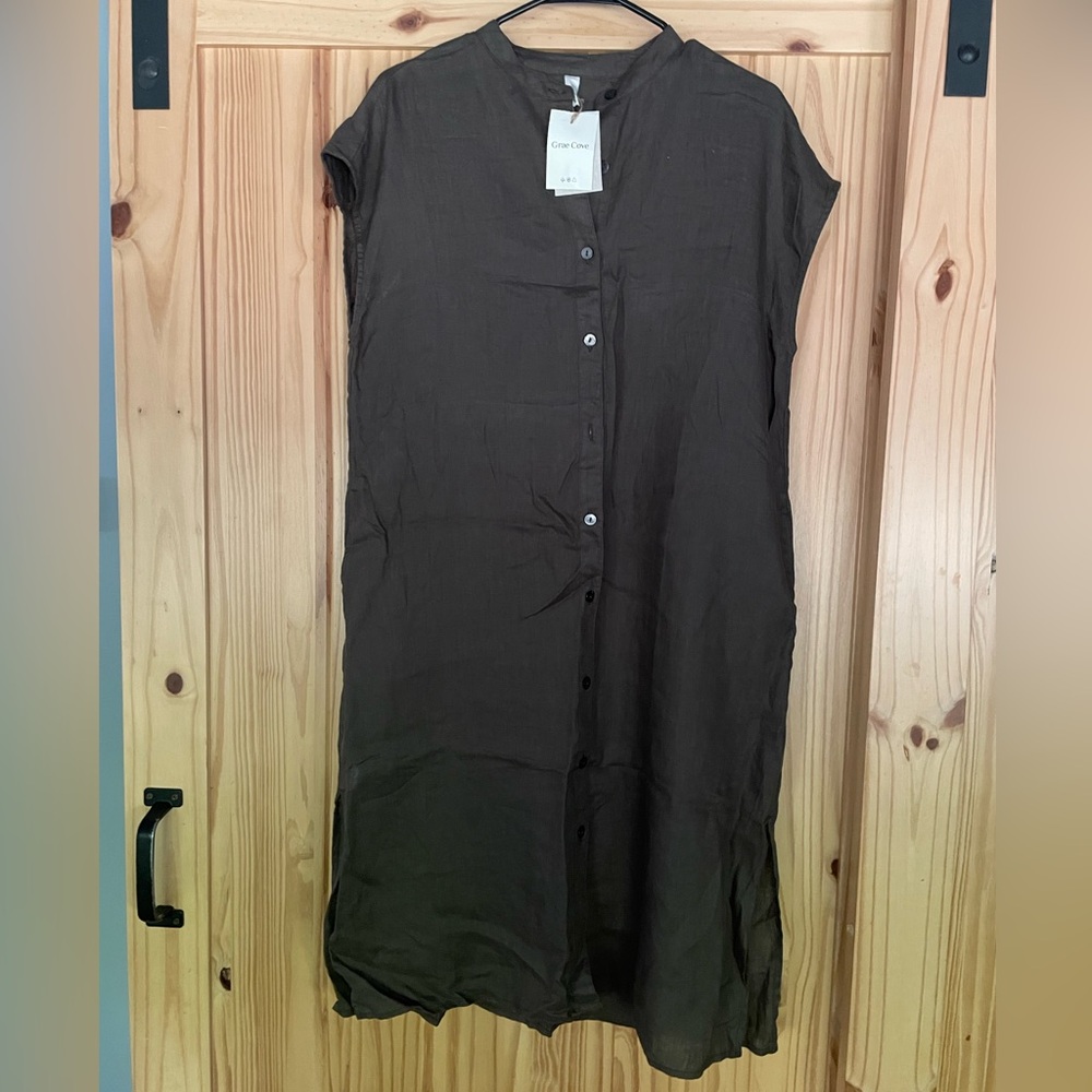 Grae Cove Dark Brown Linen Casual long dress Sz.L NWT